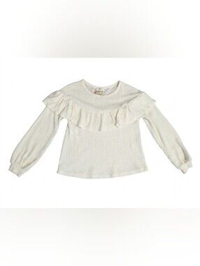 EVERLY Cream Waffle Knit Ruffle Yoke Womens S Long Sleeve Thermal Boho Coquette
